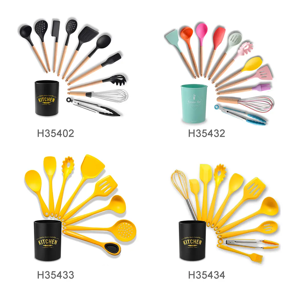 Picture of Silicone Kitchenware Set 12Pcs Kitchen Utensils Set Silica Gel Cooking Utensils Set Heat Resistant Kitchen Tools Wooden Handle with Storage Barrel
