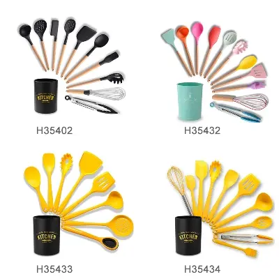 Picture of Silicone Kitchenware Set 12Pcs Kitchen Utensils Set Silica Gel Cooking Utensils Set Heat Resistant Kitchen Tools Wooden Handle with Storage Barrel