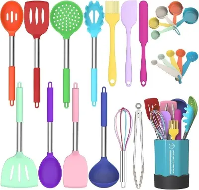 Picture of Silicone Kitchenware Set 12Pcs Kitchen Utensils Set Silica Gel Cooking Utensils Set Heat Resistant Kitchen Tools Wooden Handle with Storage Barrel