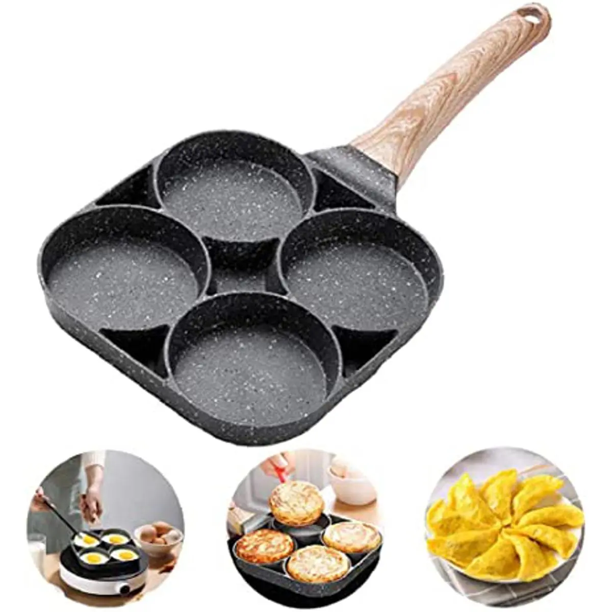 Picture of 4 Hole Omelet Pan for Burger Eggs Ham PanCake Maker Frying Pans Non Stick No e Breakfast Grill Wok(Black)