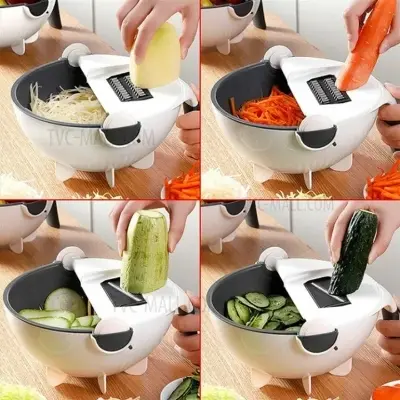 Picture of Multi functional vegetable basket 9 in 1 drain basket magic rotate vegetable cutter with handle / Multi functional vegetable cutter