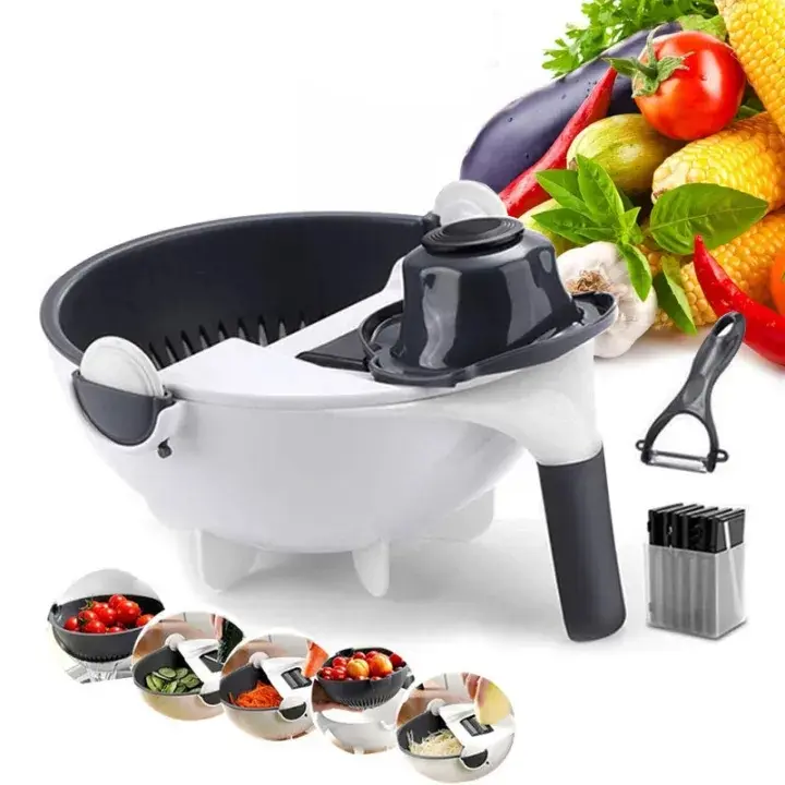 Picture of Multi functional vegetable basket 9 in 1 drain basket magic rotate vegetable cutter with handle / Multi functional vegetable cutter