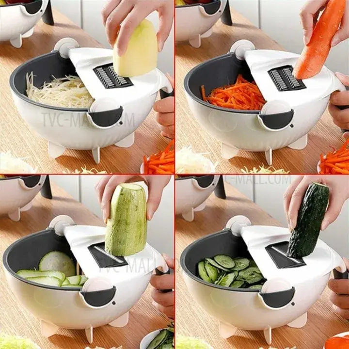 Picture of Multi functional vegetable basket 9 in 1 drain basket magic rotate vegetable cutter with handle / Multi functional vegetable cutter