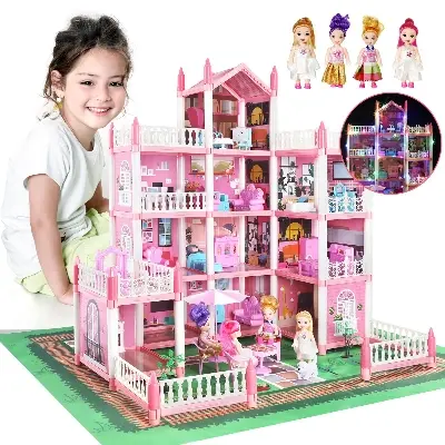 Picture of DIY dream villa furniture set with 6 girls dollhouse(Pink)