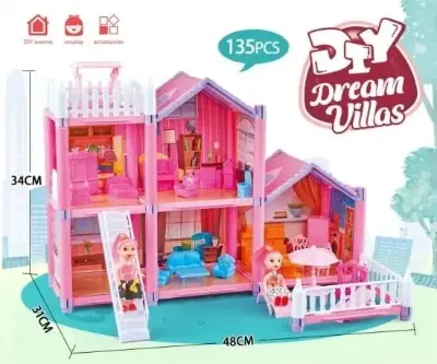 Picture of Baby Little Girl Toy Princes Castle Villa Toy DIY 135 pcs Dream Villa Assemble(Pink)