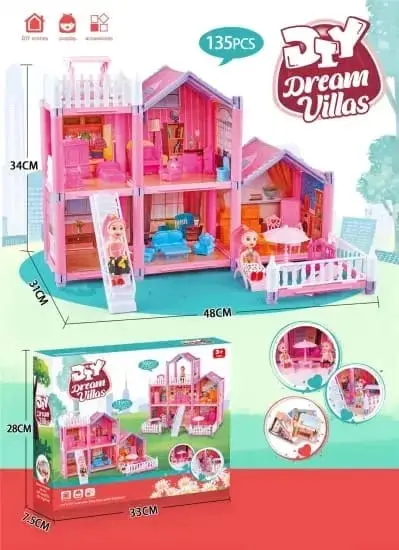 Picture of Baby Little Girl Toy Princes Castle Villa Toy DIY 135 pcs Dream Villa Assemble(Pink)