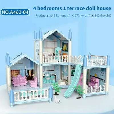 Picture of Doll House with Dolls and Furniture - Think of the doll as the girl herself and live in a dream house.(Blue)