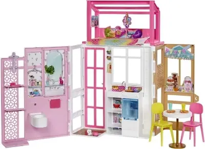 Picture of Barbie Dollhouse with 2 Levels and 4 Play Areas, Fully Furnished Barbie House with Puppy and Accessories, Gift for Kids 3 Years(Pink)