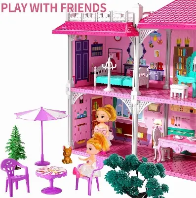 Picture of Villa furniture set with solid jointed girl Doll House, Dollhouse w/ Furniture (Pink)