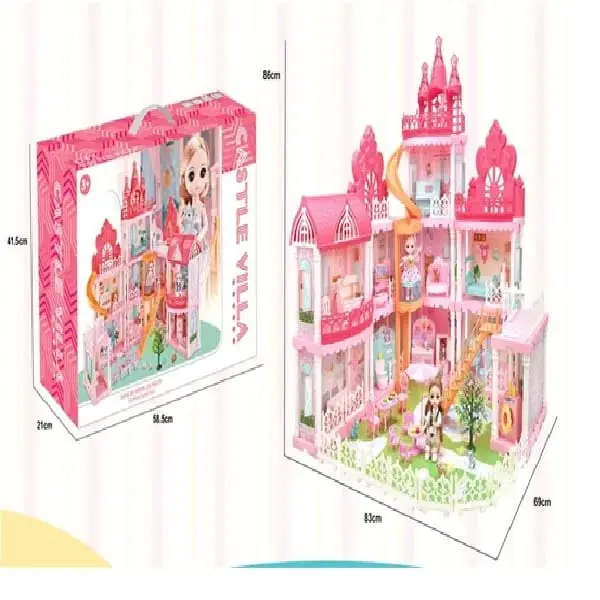 Picture of Villa furniture set with solid jointed girl Doll House, Dollhouse w/ Furniture (Pink)