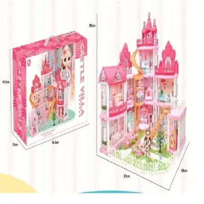 Picture of Villa furniture set with solid jointed girl Doll House, Dollhouse w/ Furniture (Pink)