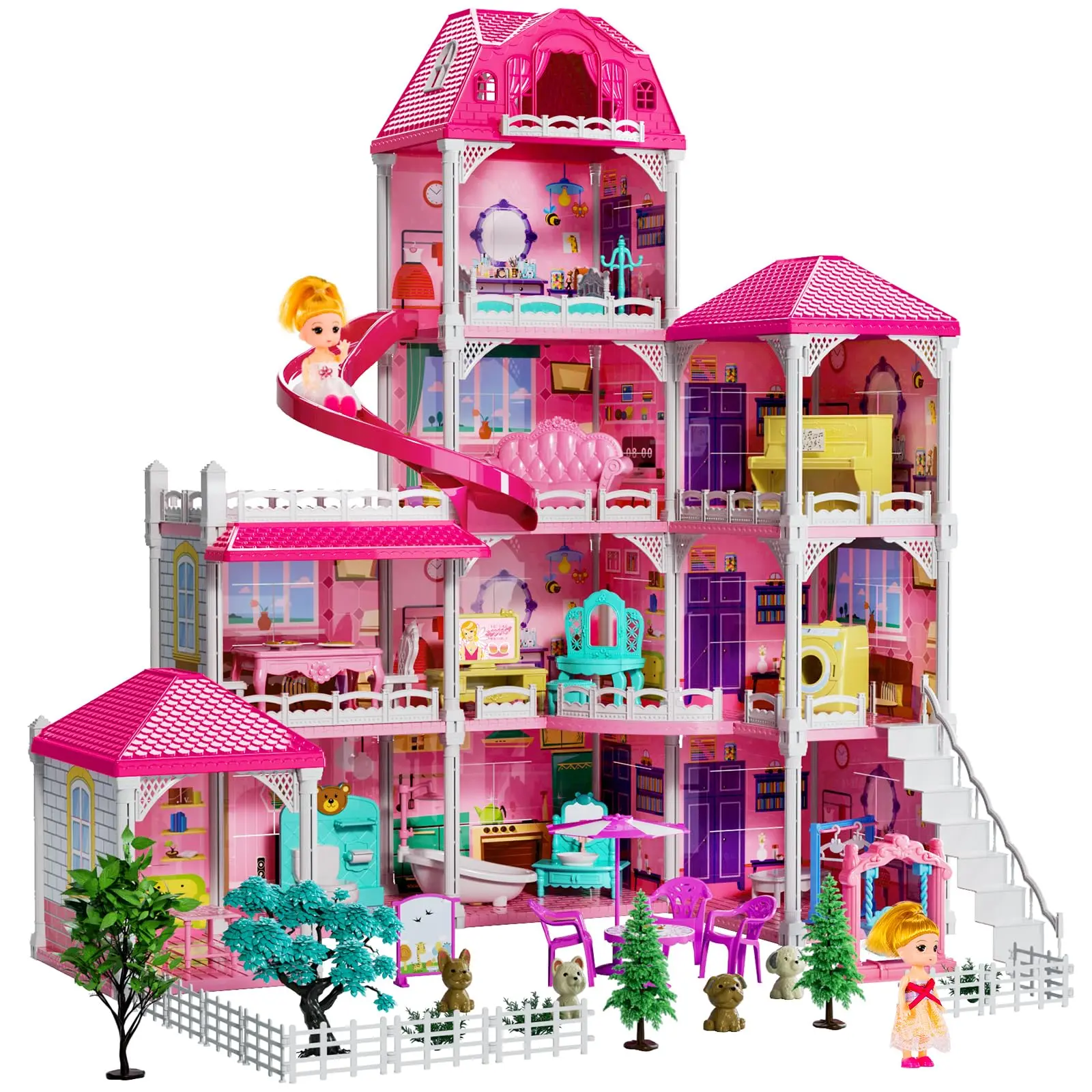Picture of Villa furniture set with solid jointed girl Doll House, Dollhouse w/ Furniture (Pink)