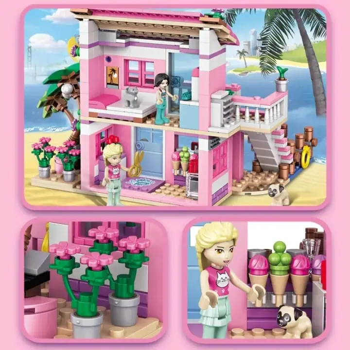Picture of Construction game for girls, model house with terrace and figurines, 48×30cm, 474 piecesx(Pink)