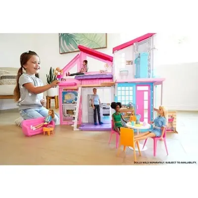 Picture of Barbie Malibu House Playset - 2-Storey House with 6 Transforming Rooms - 25+ Furniture, Patio Fence