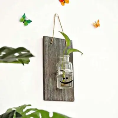 Picture of Emoji Glass Jar Floating Vase/Wooden Hanging Glass Jar Flower Vase - Flower Vase - Flower Vase - room decoration items (Dark Chocolate, Wood)