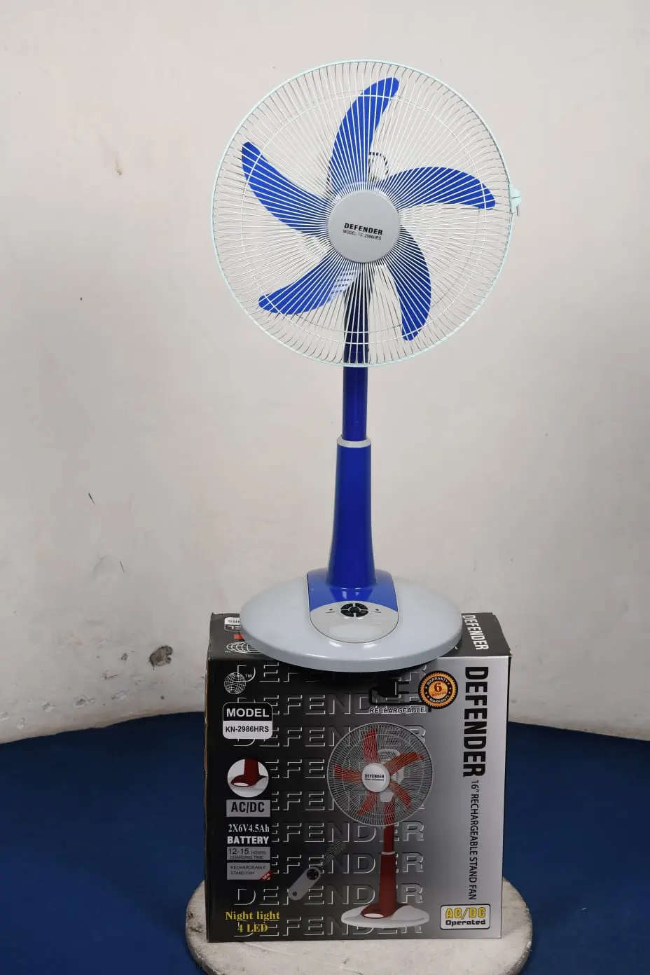 Picture of (TS-2986HRS): Defender 16" Remote Control Rechargeable Fan AC-DC China Fittings with LED Multi-Function - Blue 