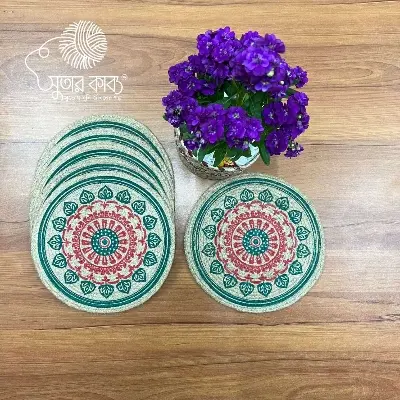 Picture of Home / Jute Place Mat / Artisan Jute Place Mats – Handcrafted Round Table Mats with Floral & Mandala Prints – Eco-Friendly, Heat Resistant Dining Decor (Set of 6)