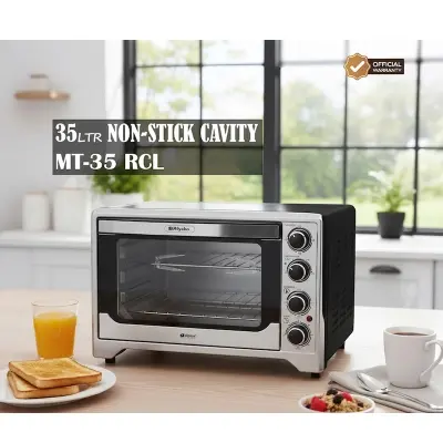 Picture of Miyako MT-35RCL Electric Oven in Bangladesh-35-liter capacity, 1600W power, non-stick cavity, rotisserie grill, and convection function. Features Swiss-Alpina heating element, 60-minute timer, and adjustable temperature (100°C–230°C), Black