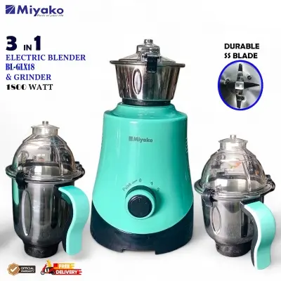Picture of Miyako BL-GLX18 Robinson 3-in-1 Blender & Mixer Grinder with powerful 1800W motor. Perfect for blending, coffee grinding, spice grinding, and meat grinding. Comes with 3 stainless steel jars (1.5L, 1.0L, 0.4L). Durable stainless steel blades, Turquoise Blue, Pale Carmine