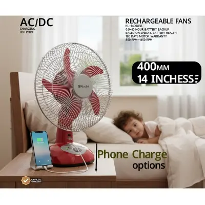 Picture of Miyako KL-1400USB Rechargeable 14 Inch Fan – 100% Copper Motor, AC/DC & USB Charging, 90° Oscillation-10 Hour Backup-850-1450 RPM | Low Noise, Red