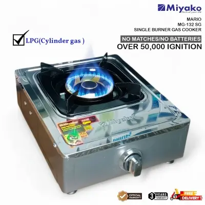 Picture of Miyako Mario MG-132 SG Single Burner Gas Cooker with high grade stainless steel body, Japanese piezo ignition system, twin tube burner, blue flame technology, and low gas consumption. Durable, efficient, and easy to clean gas stove for everyday cooking