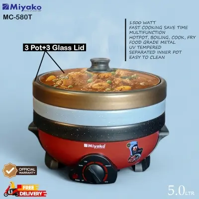 Picture of Miyako MC-580T 3 Pot Multi Cooker with 5L capacity and 1500W power for fast cooking. Features triple non-stick coating, tempered glass lid, removable pot, and multi-function cooking for frying, boiling, and hotpot, Chocolate