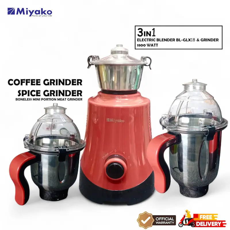 Picture of Miyako BL-GLX18 Robinson 3-in-1 Blender & Mixer Grinder with powerful 1800W motor. Perfect for blending, coffee grinding, spice grinding, and meat grinding. Comes with 3 stainless steel jars (1.5L, 1.0L, 0.4L). Durable stainless steel blades, Turquoise Blue, Pale Carmine