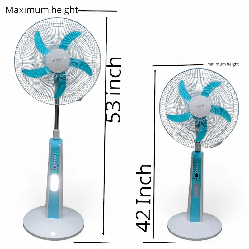 Picture of Novena 18-inch Rechargeable Tower Fan (NCF-318) with 5-speed settings, 28 LED lamp, adjustable height, oscillating design, timer function, and long-lasting battery for up to 33 hours of cooling comfort, White