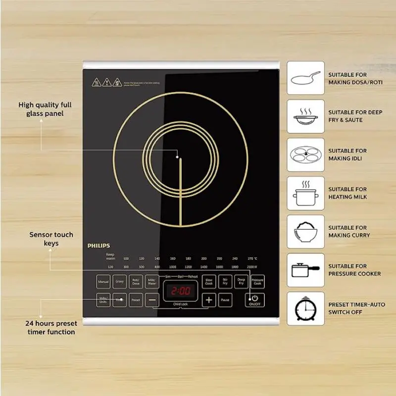 Picture of Philips HD4938/01 Induction Cooker Viva Collection 2100W in Bangladesh. Features sensor touch control, full crystal glass panel, 10 preset cooking menus, 24-hour timer & auto-off safety. Best price in BD, Black