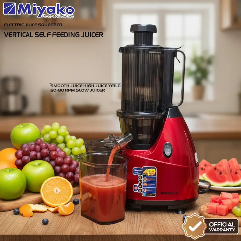 Picture of Miyako SD-60 GA Electric Slow Juicer | Vertical Self-Feeding Juice Squeezer | 500W Copper Motor | 60-80 RPM High Yield | Quiet Operation | Non-Drip Spout, Red