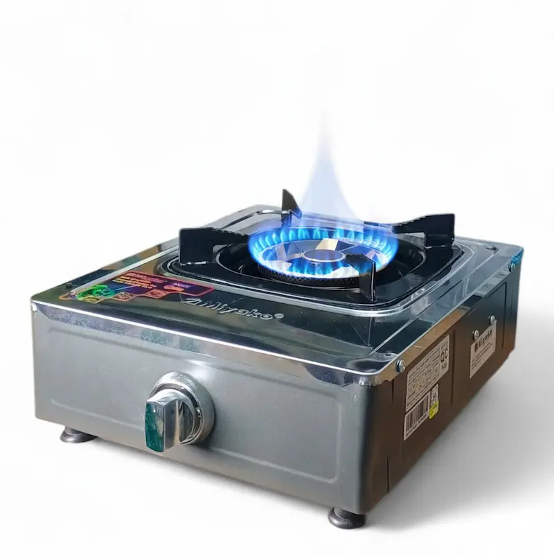 Picture of Miyako Mario MG-132 SG Single Burner Gas Cooker with high grade stainless steel body, Japanese piezo ignition system, twin tube burner, blue flame technology, and low gas consumption. Durable, efficient, and easy to clean gas stove for everyday cooking