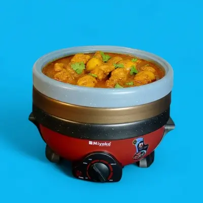 Picture of Miyako MC-580T 3 Pot Multi Cooker with 5L capacity and 1500W power for fast cooking. Features triple non-stick coating, tempered glass lid, removable pot, and multi-function cooking for frying, boiling, and hotpot, Chocolate