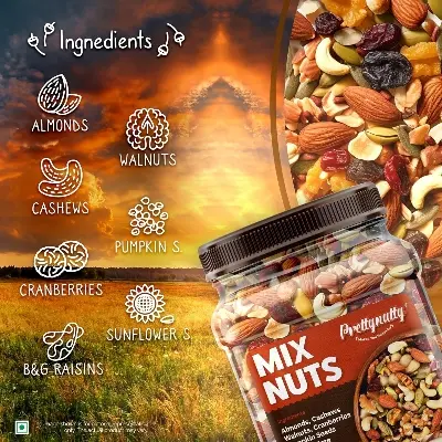 Picture of PrettyNutty Healthy Nutmix  Dried Almonds, Black Raisins, Cashewnuts, Cranberries,  & Many More 500g