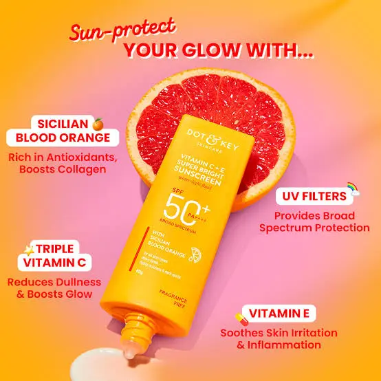 Picture of Dot & Key Vitamin C + E Super Bright Sunscreen SPF 50+++ | for Even Toned & Glowing Skin | No White Cast, WaterLight I UVA/B & Blue Light Protection 80gm - Yellow