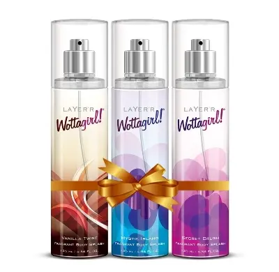 Picture of Layer`r Wottagirl 3pcs Combo Set Amber kiss, Vanila twist, Mystic Island Body Splash For women Long lasting ~135ml - Pink