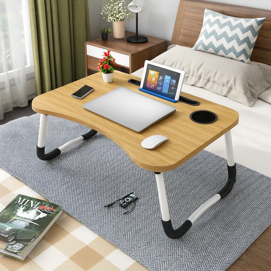 Picture of Multipurpose Portable Folding Laptop Table with Cup Holder " Multi-function and Removable Stand Folding Computer Laptop Desk Small Bed Desk Simple Dormitory Lazy Table Bed with Laptop Table with Holder Slot Portable - Multicolor