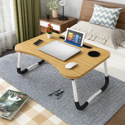 Picture of Multipurpose Portable Folding Laptop Table with Cup Holder " Multi-function and Removable Stand Folding Computer Laptop Desk Small Bed Desk Simple Dormitory Lazy Table Bed with Laptop Table with Holder Slot Portable - Multicolor
