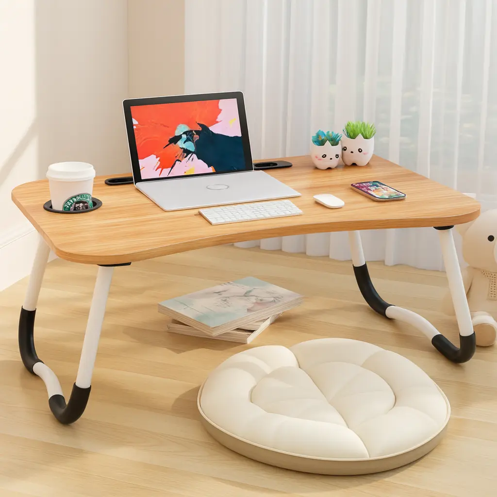 Picture of Multipurpose Portable Folding Laptop Table with Cup Holder " Multi-function and Removable Stand Folding Computer Laptop Desk Small Bed Desk Simple Dormitory Lazy Table Bed with Laptop Table with Holder Slot Portable - Multicolor