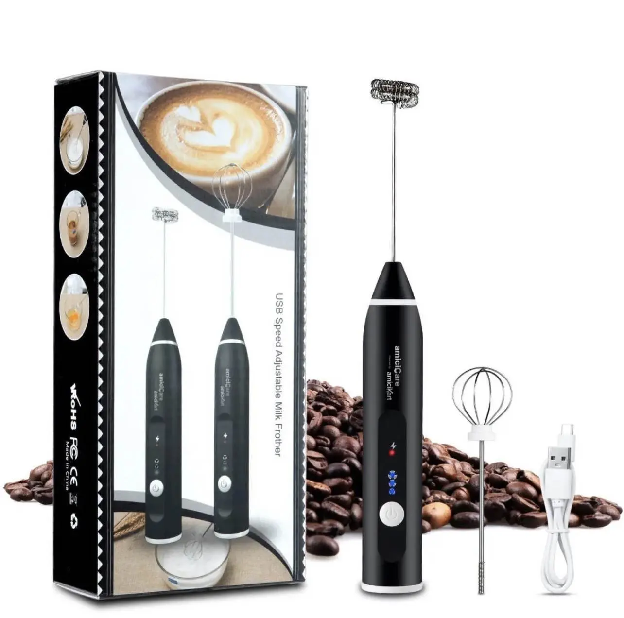 Picture of Rechargeable Milk Frothers with 2 Stainless Steel Whisks for Coffee Cream by Kitchen Glance - Multicolor