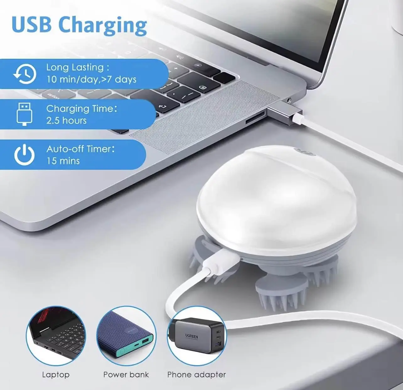 Picture of Electric Head Scalp Massager with 4 Kneading Massage Heads Body Deep Tissue Massager for Hair Growth Relaxtion and Cat Pet Claw USB Rechargable Scalp Massager Body Massage Health Care - Multicolor