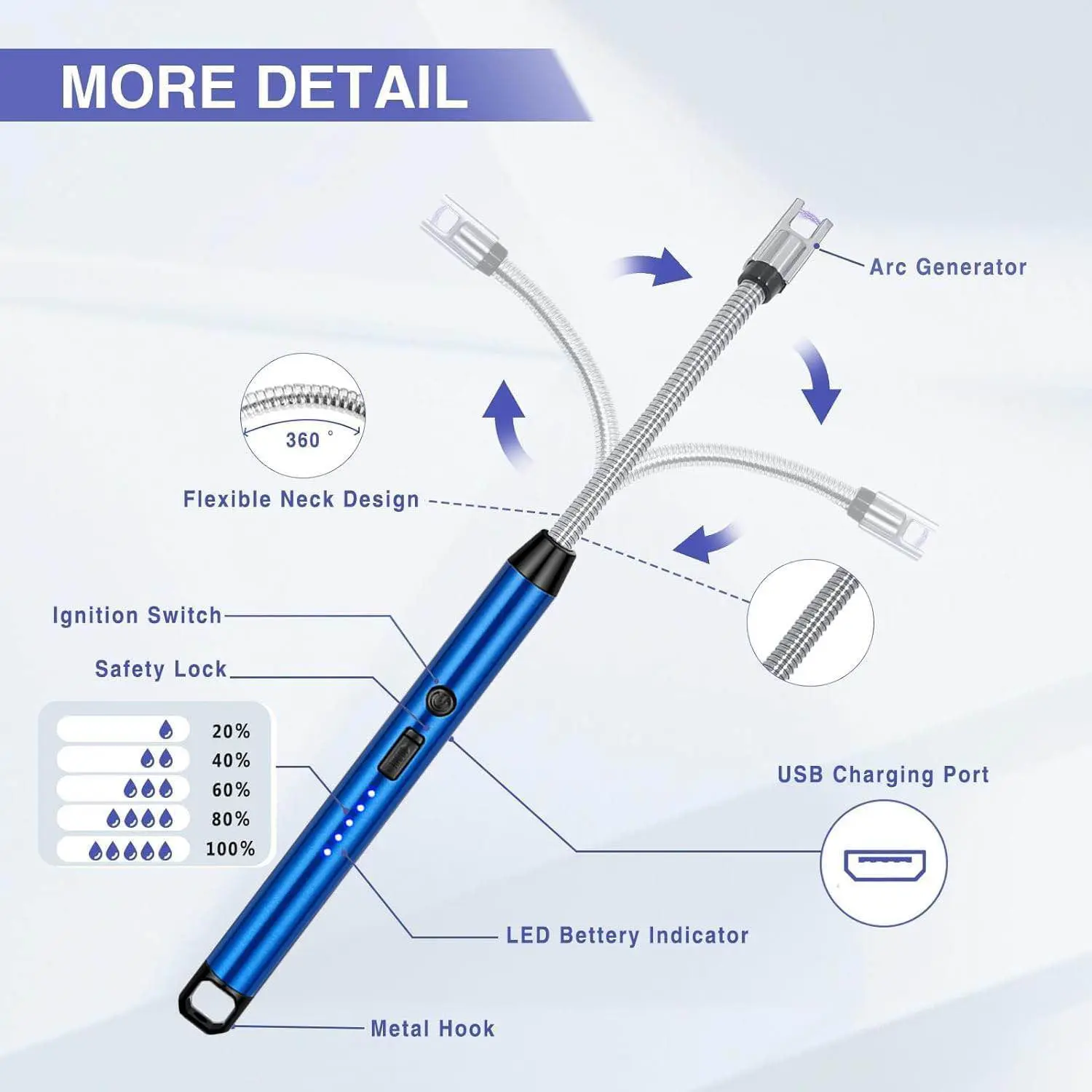 Picture of Modern Outdoor Portable Electric Kitchen Gas Lighter/Arc Lighter USB Rechargeable Long Lighter Windproof Candle Lighter Outdoor Plasma Flexible Neck (Multicolor)