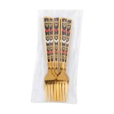 Picture of 6 Pcs Fork Spoon Set High Quality Stainless Steel Silver With Golden Color. Dessert Spoon, Golden Fork Spoon. Leaf Print Design.