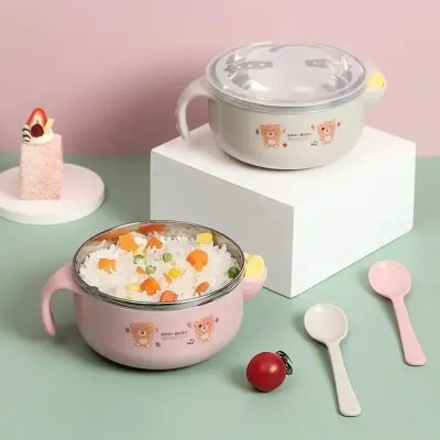 Picture of Microwave Safe Kids Baby Toddler Food Feeding Bowl with Lid and Spoon (Random Colour, 300ML)