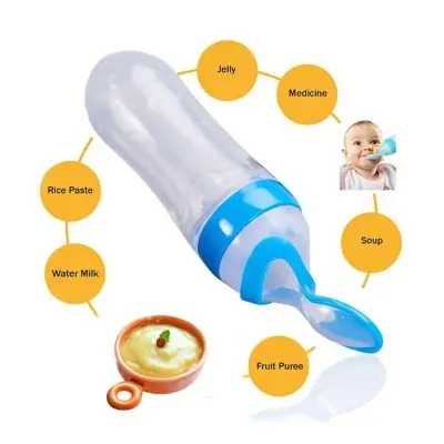 Picture of 1pcs Multicolor 120ml Silicone Spoon Feeder with Stand Normal Silicone Baby Food Dispensing Feeder with Spoon Travel Baby Training Bottle with Spoon Soft Head Baby Feeding Tools Kids