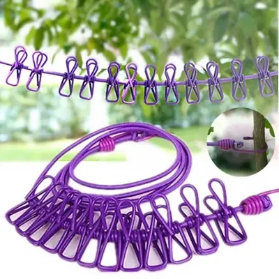 Picture of Portable Clothing Clothesline with 12 Clips Retractable Laundry Dryer Clothes Rope Drying Rack Cloth Hanging Line For Outdoor New
