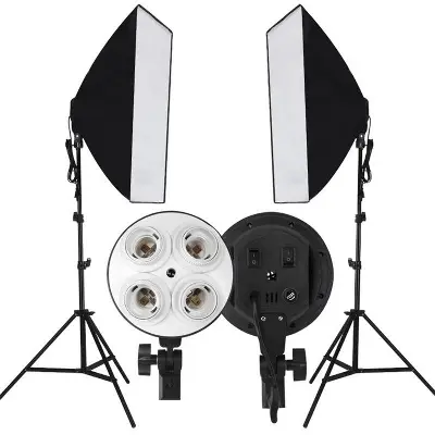 Picture of PHOTO VIDEO STUDIO LIGHTING KIT 4-SOCKET E27 LAMP HOLDER SOFTBOX LIGHT STANDS Black