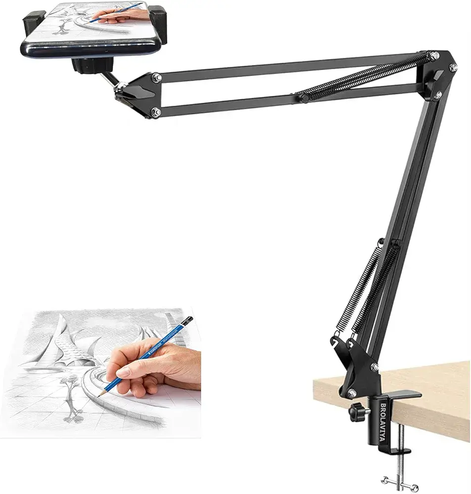 Picture of Overhead Video Stand Phone Holder Articulating Arm Phone Mount Table Top ChromLives Scissor Boom Arm Articulating Phone Stand Tablet Phone Holder for Streaming Phone Baking Crafting Black