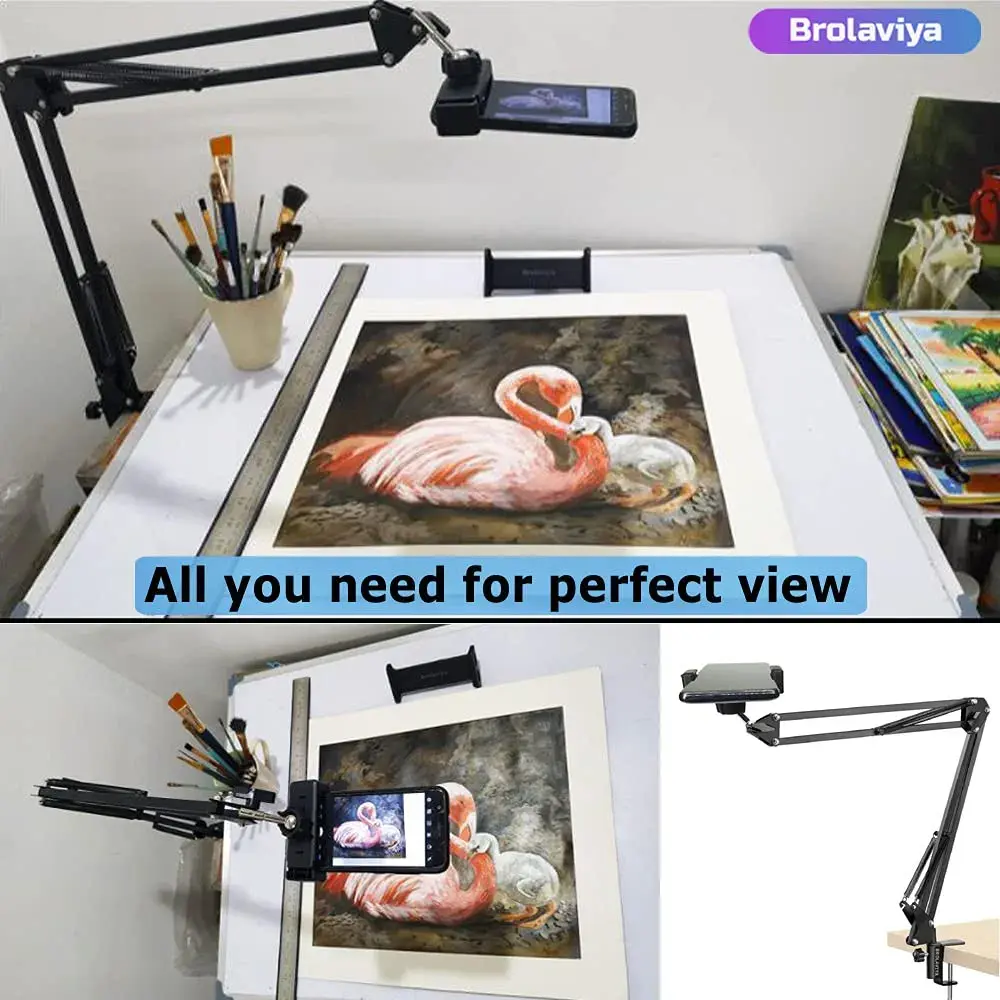 Picture of Overhead Video Stand Phone Holder Articulating Arm Phone Mount Table Top ChromLives Scissor Boom Arm Articulating Phone Stand Tablet Phone Holder for Streaming Phone Baking Crafting Black