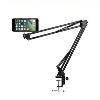 Picture of Overhead Video Stand Phone Holder Articulating Arm Phone Mount Table Top ChromLives Scissor Boom Arm Articulating Phone Stand Tablet Phone Holder for Streaming Phone Baking Crafting Black