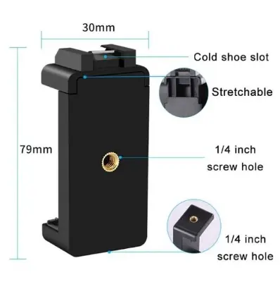 Picture of Adjustable Phone Holder Vlog Phone Clip with 1/4 Inch Screw Holes Extending for 5.6-8.3cm With Smart phone for Tripod LED Light Microphone Black